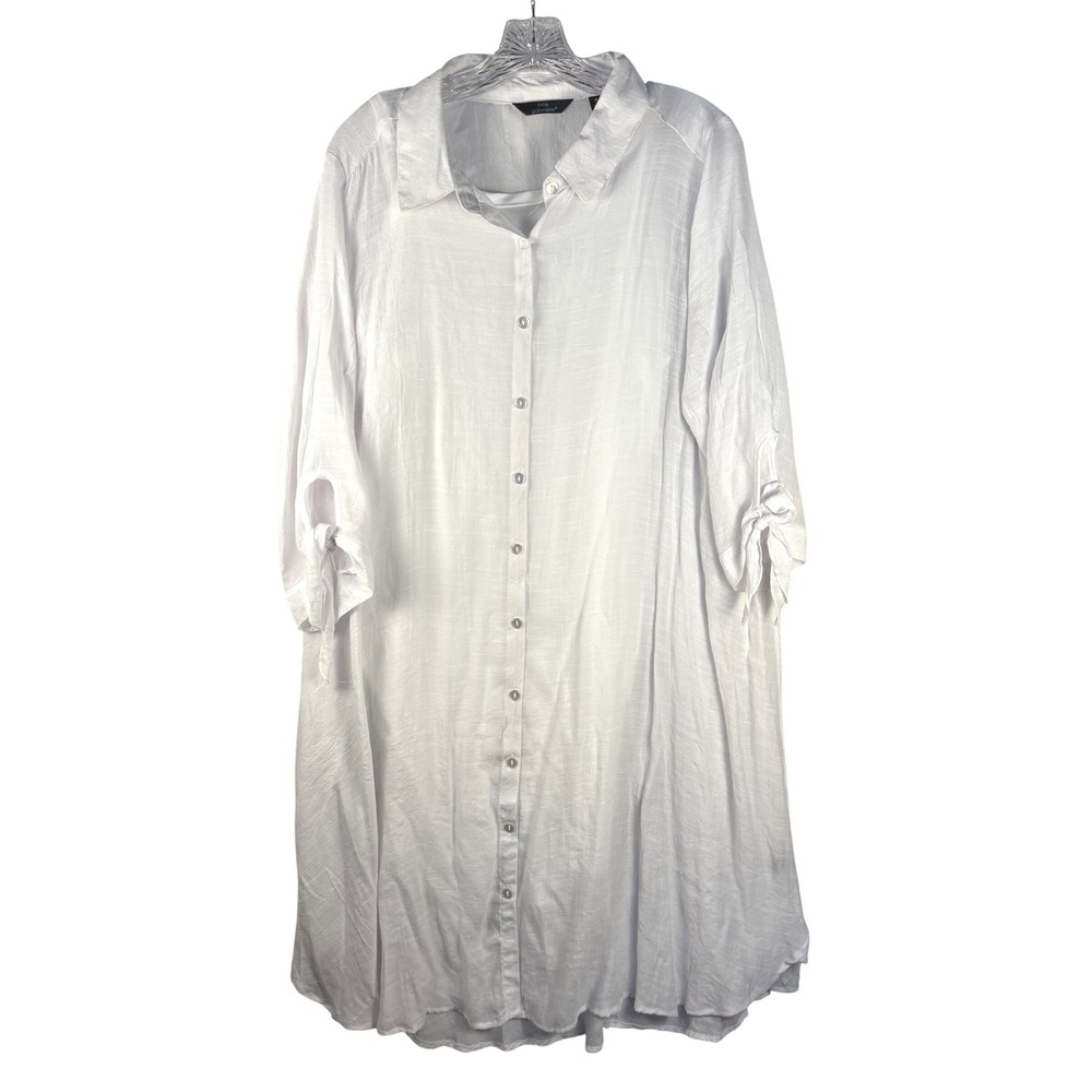 Mlle Gabrielle White Button Down Shirt Dress 2X Tie Sleeve Textured Midi Lined